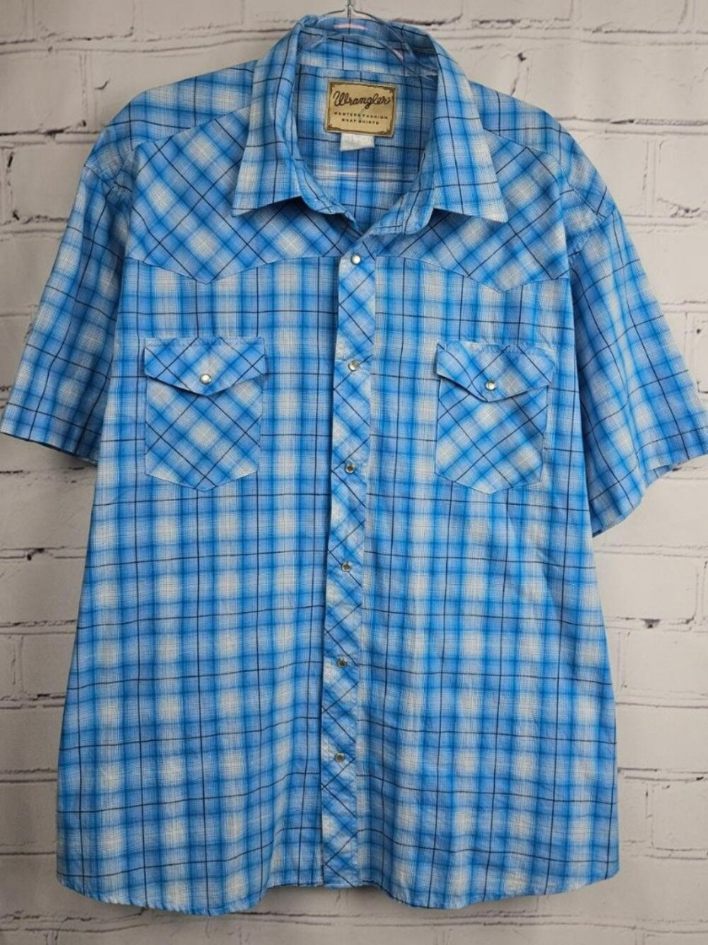 Wrangler Vintage Western Pearl Snap Shirt Blue Plaid Short Sleeve Mens XL